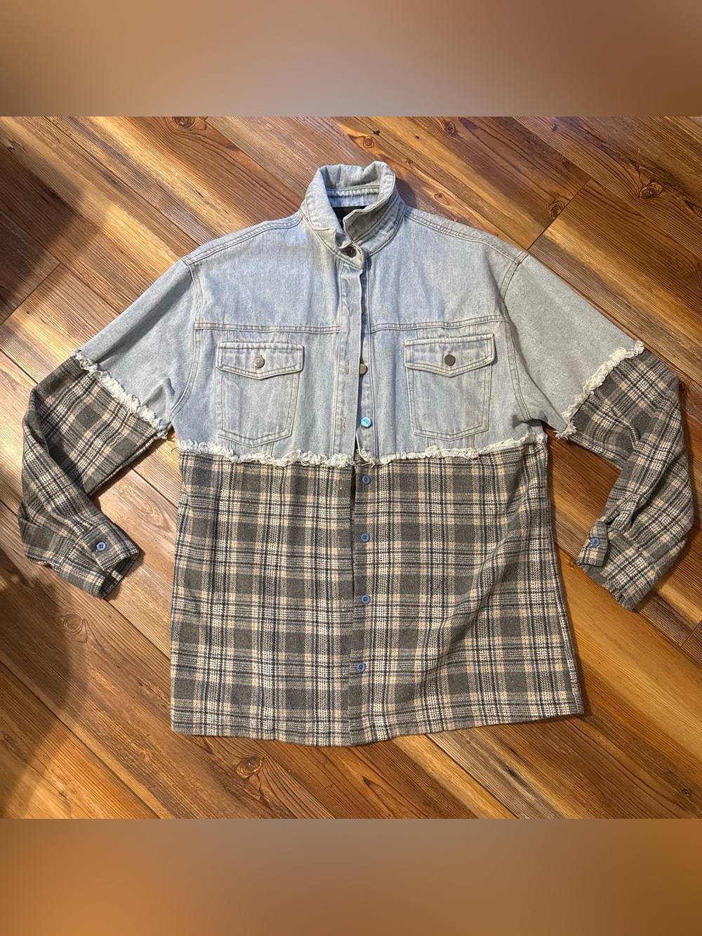 Fashion Nova Two-Tone Light Blue Denim & Gray Plaid Button-Down Shirt